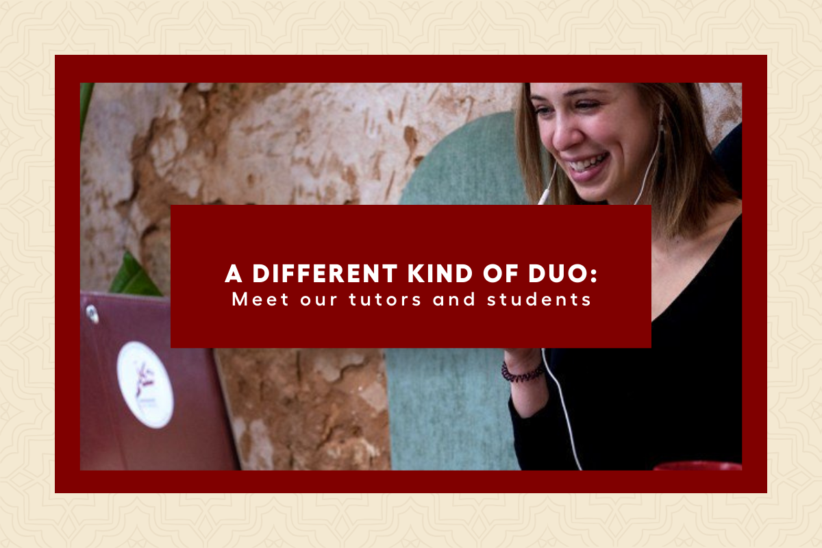 Image showing a young woman smiling while taking an online language lesson with NaTakallam on her laptop, with text overlay: "A Different Kind of Duo: Meet our tutors and students."
