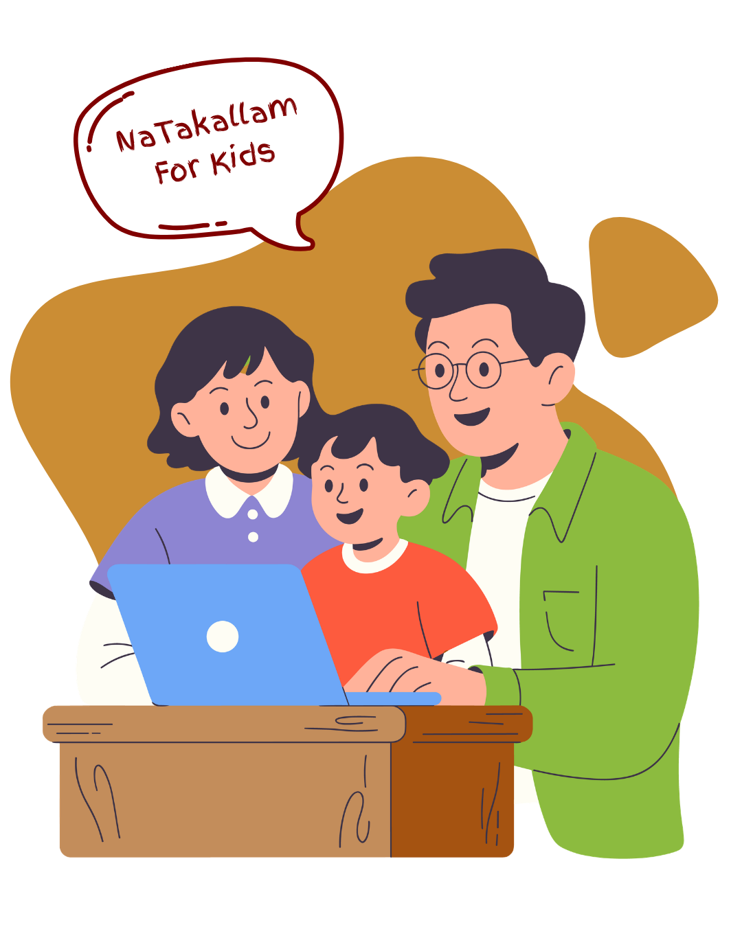 Family of three (woman, man, and child) gathered around a laptop at a desk, learning together; speech bubble reads 'NaTakallam For kids'.